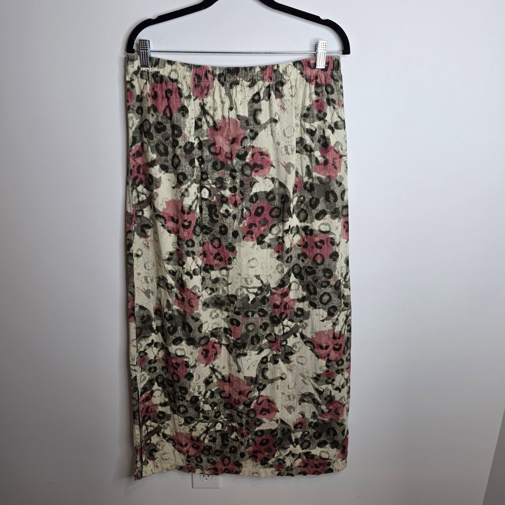 Hot Cotton Maxi Skirt Womens L Floral Leopard Print 100% Linen Elastic Waist